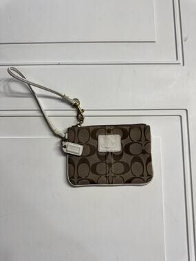 Coach Small Signature Brown White Monogram Wallet Wristlet Change Purse